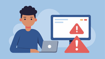 Fake Website An image showing a person at a computer looking concerned as they notice a warning message on a browser saying This site is not secure with a fake website mimicking a