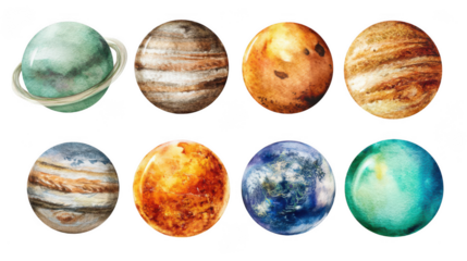 Set of planet watercolor illustrations on a white background, in a hand-drawn style, png