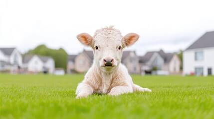 Obraz premium Cute calf resting on a grassy field near houses