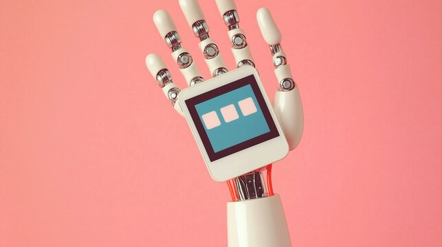 Futuristic robotic hand displaying a touchscreen interface against a soft pink background, showcasing technology concept of design firms or tech startups
