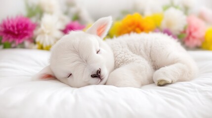 Fototapeta premium Lamb among Spring Flowers Soft Focus High-Resolution Portrait Close-Up View Fluffy Texture Sleeping Peacefully Floral Bedspread Pastel Tones Ideal for Easter Cards