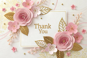 Elegant floral thank you card with 3D paper-cut style. Soft pastel pink roses and cherry blossoms intertwined with gold metallic leaves. Luxurious, delicate typography in gold reading 'Thank you' at t