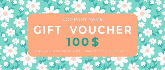 Gift certificate template with daisies. Gift voucher with flowers.