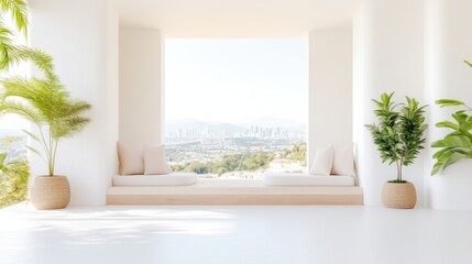 Fototapeta premium Modern, minimalist, sun-drenched balcony with city views
