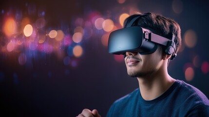 Man wearing virtual reality goggles immersed in interaction with cybersecurity in a digital landscape environment