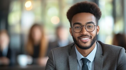 Fototapeta premium Successful entrepreneur with beard and glasses sharing valuable business advice to young professionals in a modern setting