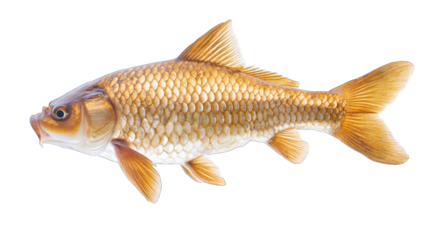 golden fish showcasing its scales and fins against a white background emphasizing its aquatic beauty