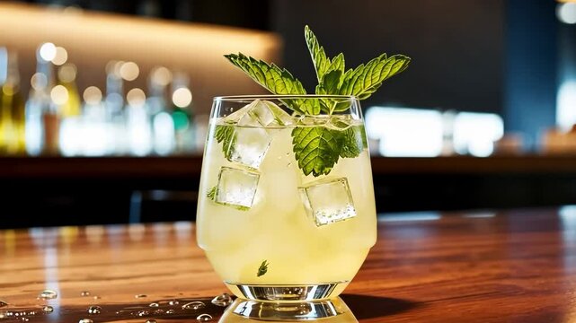 Fresh mojito cocktail with ice cubes and mint leaves on rustic wooden bar table video footage. Refreshing alcohol drink in transparent glass for summer party.