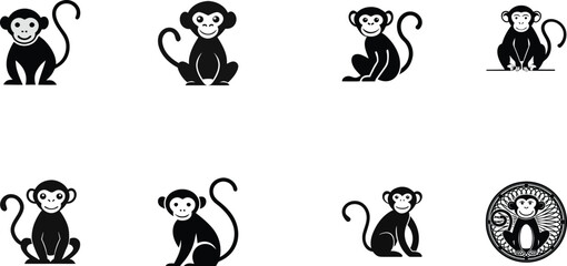 Naklejka premium Black and White Monkey Clipart Collection – Vector Cartoon Monkeys