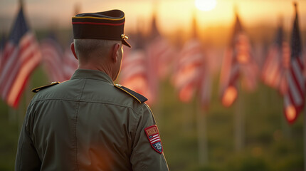 Veteran in uniform (seen from behind or partially, focus on respectful detail like a badge or folded flag, not specific person) looking at a field of memorial flags, golden hour light, sense of honor 