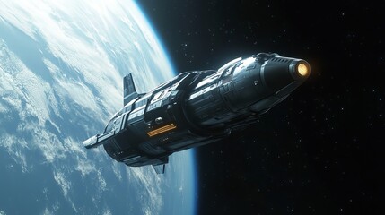 Fototapeta premium A futuristic spaceship flying in space with earth in the background and stars surrounding it