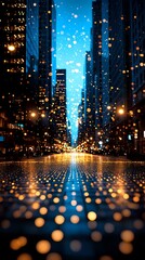 Rainy night cityscape with glowing street lights reflecting on wet pavement, creating magical bokeh effect against illuminated skyscrapers and blue evening sky.