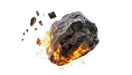 large rock fragment emitting flames and smoke suggesting a volcanic or explosive theme ideal for use in graphic design or visual effects