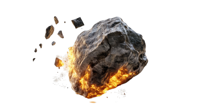 large rock fragment emitting flames and smoke suggesting a volcanic or explosive theme ideal for use in graphic design or visual effects