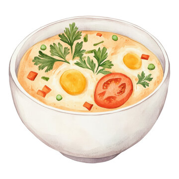 watercolor bowl soup with eggs and tomato clip art preview