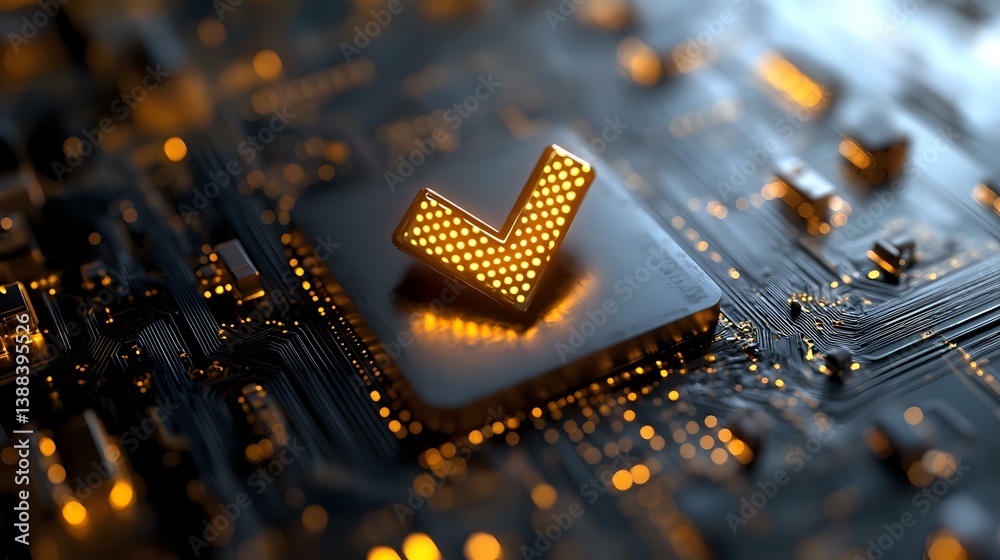 Poster glowing arrow symbol on computer circuit board with orange light effect and shallow depth of field, 