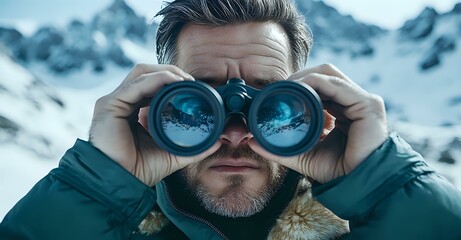 Bearded Caucasian man in winter jacket using binoculars against snowy mountain backdrop, with mountain reflection visible in binocular lenses creating dramatic outdoor scene.