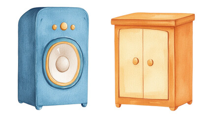 Studio monitor speakers and speaker box illustrated in watercolor style showcasing essential audio equipment for professionals