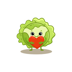 cute cabbage character with red heart. Vegetable illustration. Cartoon cabbage in flat style. Food illustration for kids. Vector