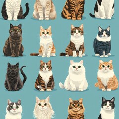 A charming collection of various cat breeds posing like professional models in a captivating and playful scene