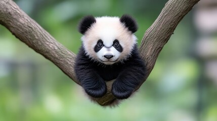 Fototapeta premium Adorable baby panda clinging to a branch