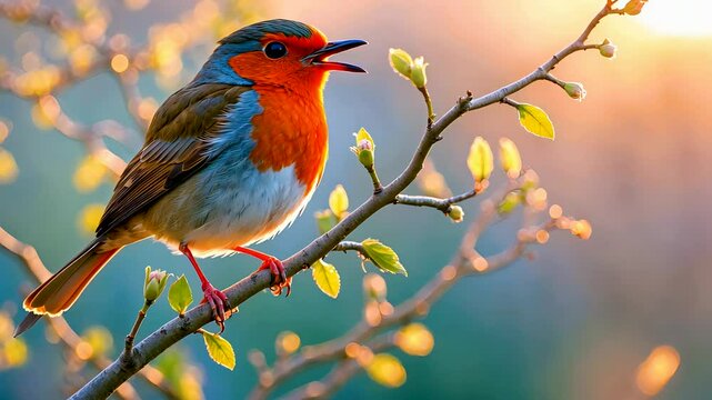 Colorful robin bird perches on spring branch with soft sunrise bokeh background
