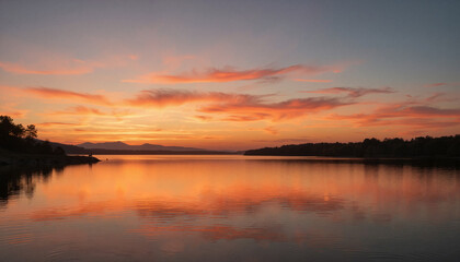 Obraz premium Calm river reflecting sunset hues, peaceful evening tranquility