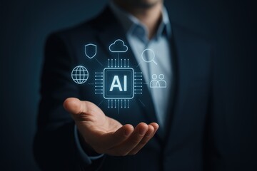 Businessman presenting AI technology against a dark background  
