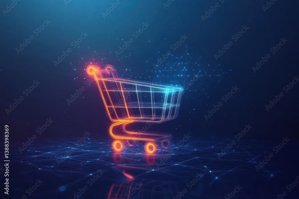 Aufkleber Sleek shopping cart icon with glowing lines on a deep blue gradient background for futuristic e-commerce concept