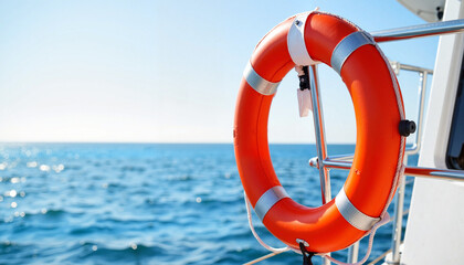 Vibrant life jacket on yacht railing under clear sky, safety at sea