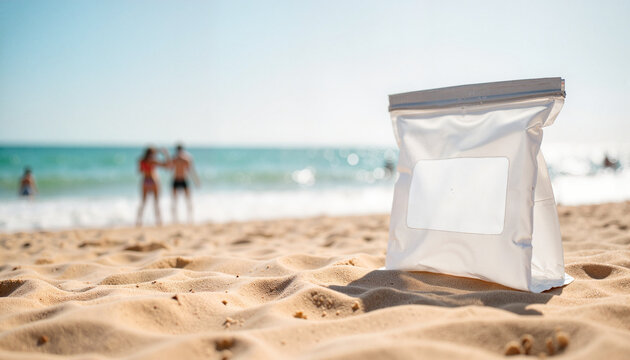 Transparent dry bag on sandy beach with sunbathers, beach essentials