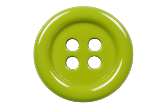 A shiny, lime green button with four holes is displayed against transparency background, showcasing its smooth, glossy surface and circular shape