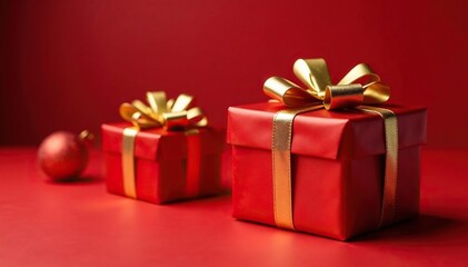 Obraz premium Red and gold gift boxes, shiny accents, festive feel, print, backdrop