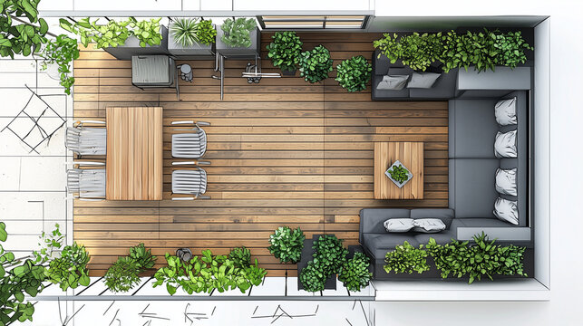 Top-down balcony layout with furniture and vertical garden plan