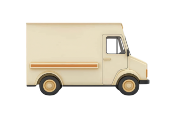 A beige delivery van illustration with simple, minimalist design, showcasing side view. van has boxy shape, smooth lines, and neutral color palette, conveying clean and modern look