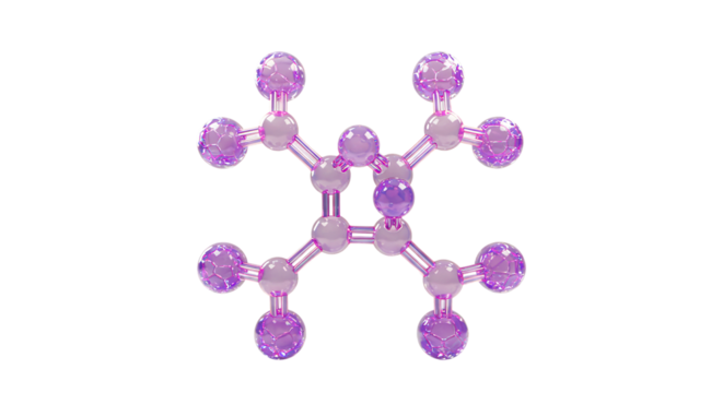 A close up of a molecule structure made of purple and white beads on a black background studio shot and clean png
