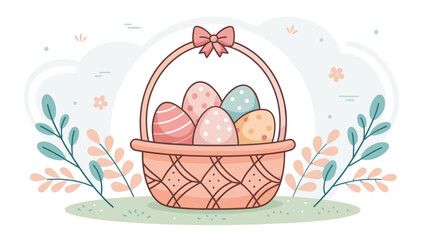 Easter basket with colorful eggs and spring floral background