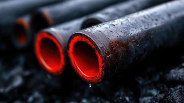 Close-up of industrial pipes with red inner linings.  Water droplets on the surface