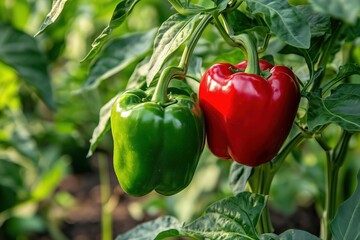 Vibrant red and green bell peppers growing in a garden  