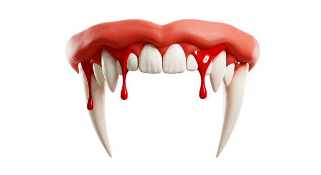 A close up of vampire teeth with blood dripping from the mouth on a black background isolated fully and clean png - Powered by Adobe