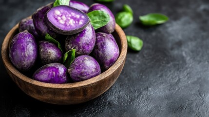 Purple Potatoes in Wooden Bowl