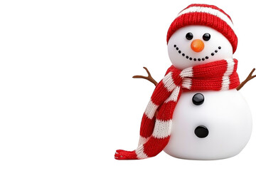 A cheerful snowman wearing red and white striped scarf and hat stands with smile, featuring coal eyes and buttons, and carrot nose, evoking festive winter atmosphere