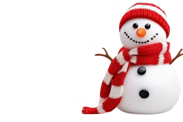 A cheerful snowman wearing red and white striped scarf and hat stands with smile, featuring coal eyes and buttons, and carrot nose, evoking festive winter atmosphere