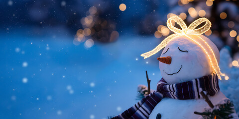 Smiling snowman with a lit bow wearing a striped scarf in a snowy warmly lit winter scene.