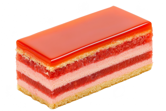A rectangular layered cake with glossy red glaze on top, featuring alternating layers of sponge cake and pink cream, creating visually appealing dessert