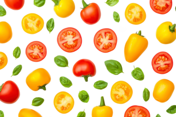 A vibrant pattern of sliced tomatoes, whole red and yellow bell peppers, and fresh basil leaves on transparency background creates lively and colorful design