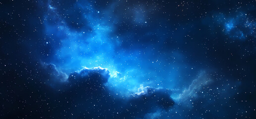 Naklejka premium Celestial Azure: A breathtaking cosmic vista, awash in deep blues and stardust, reveals a luminous nebula, evoking wonder and infinite possibility. 