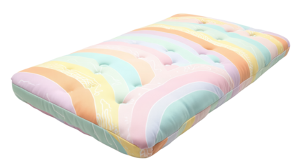 Colorful mattress for a vibrant bedroom design. Colorful pastel-striped floor mattress featuring a tufted cushion design, ideal for kids rooms, nurseries, or cozy lounge areas.