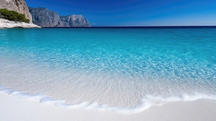 Obraz premium Tranquil, azure waters lap a pristine white beach, bordered by dramatic cliffs under a vibrant sky