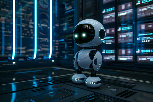 A futuristic robot stands in a high-tech server room, representing advanced AI and data technology.